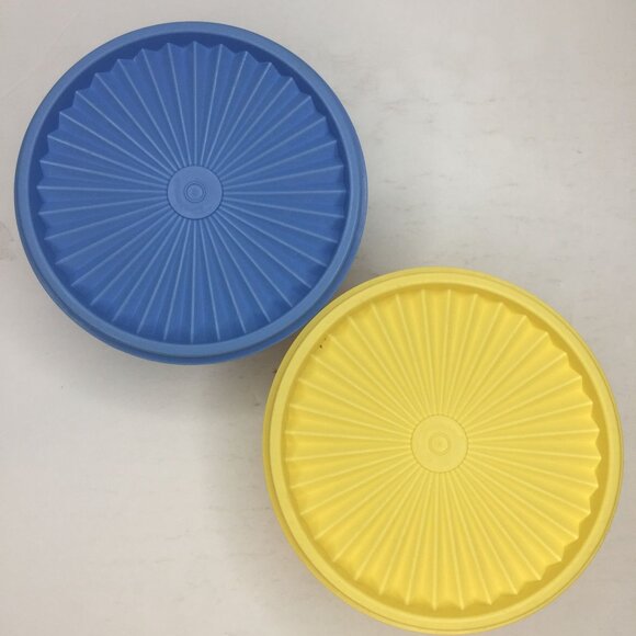 Vintage Servalier Tupperware Set 2 Cereal Bowl Blue Yellow Sunburst Lids Storage - Picture 2 of 16